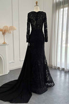 Black V Neck Mermaid Prom Dress Long Sleeves With Appliques Ruffles