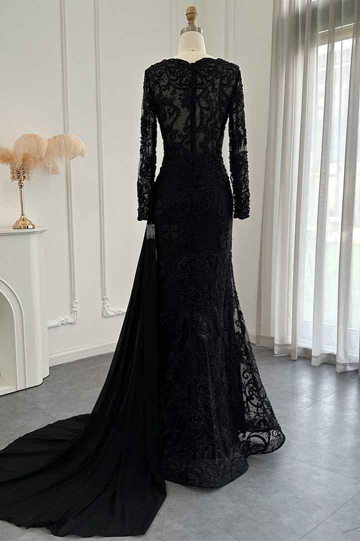 Black V Neck Mermaid Prom Dress Long Sleeves With Appliques Ruffles