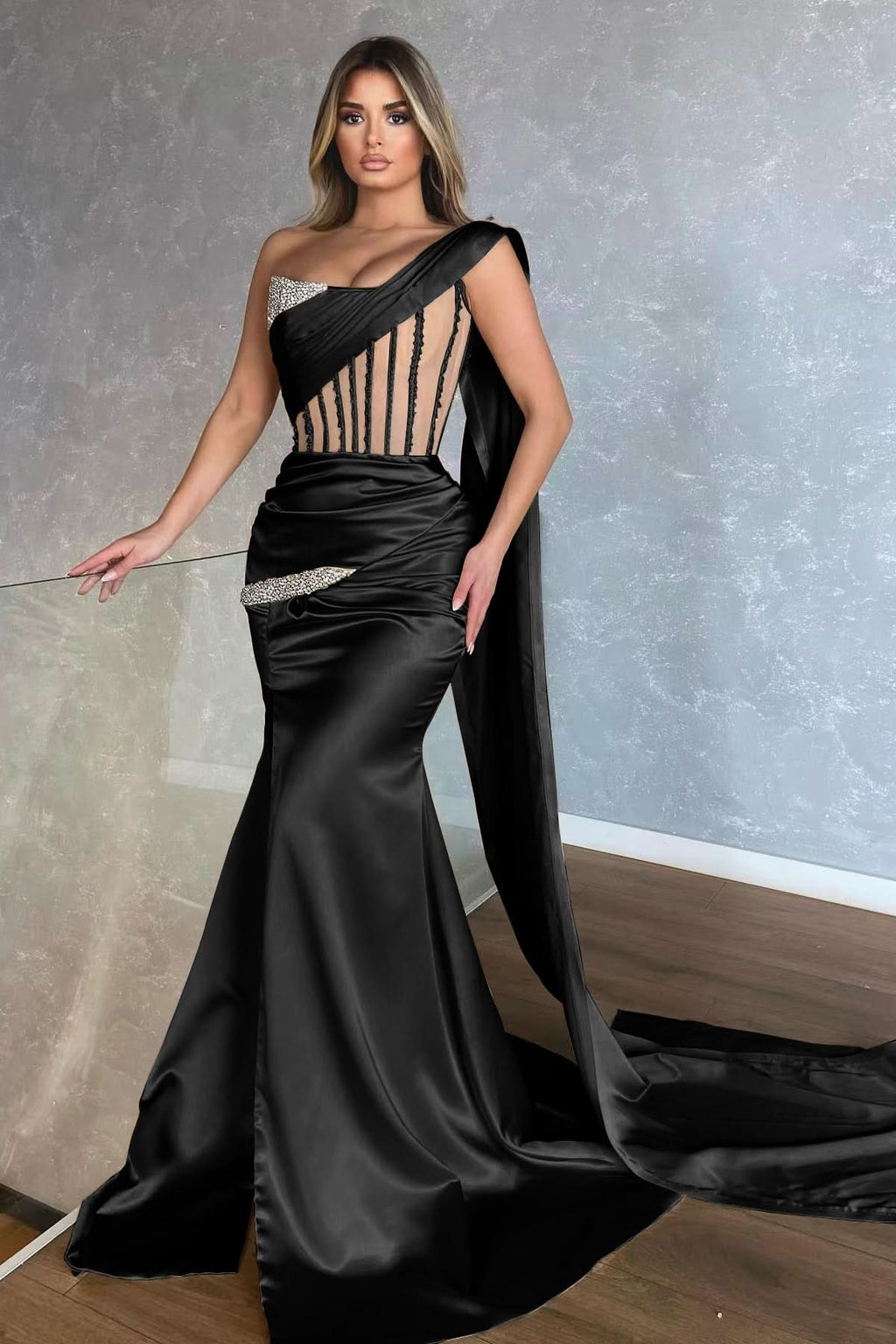 Amazing Champagne One-Shoulder Sleeveless Mermaid Prom Dress with Slit and Ruffles BM bride