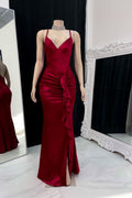 Burgundy Spaghetti Strap Pleated Prom Dress with Sleeveless and Side Slit BM bride