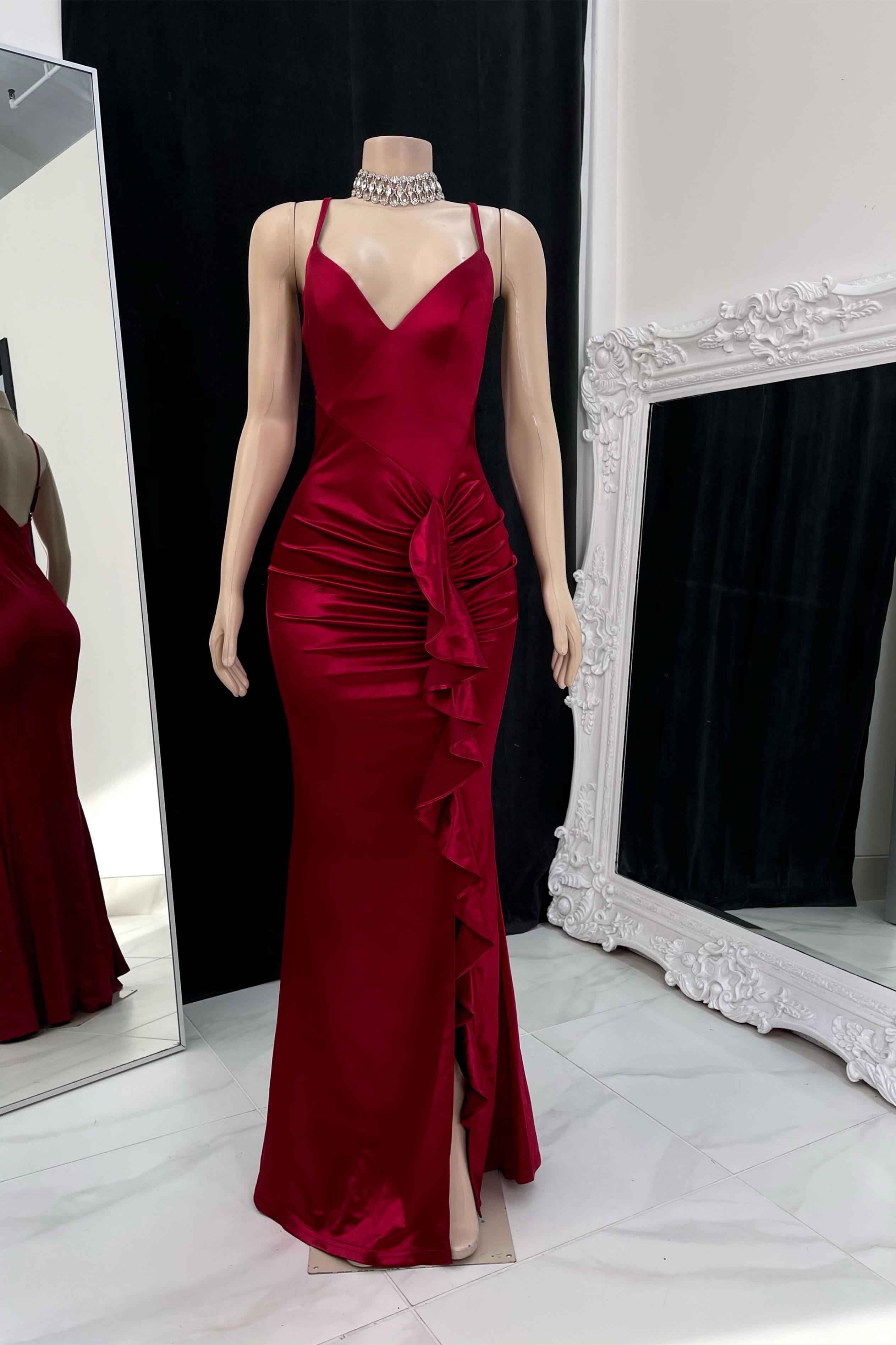 Prom Dress Burgundy Gown Spaghetti Strap Sleeveless Pleated Side Slit