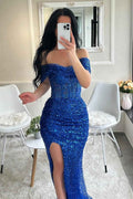 Sequins Off the Shoulder Sleeveless Long Mermaid Prom Dress With Split