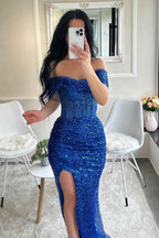 Sequins Off the Shoulder Sleeveless Long Mermaid Prom Dress With Split
