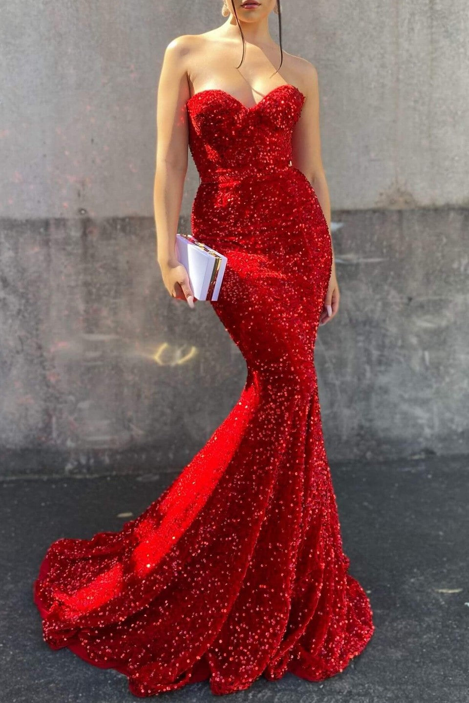 Red Sweetheart Long Mermaid Prom Dress with Sequins BM bride