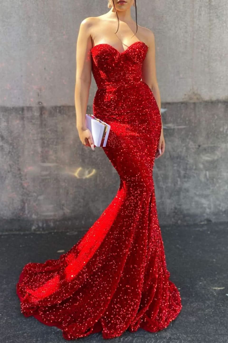 Red Sweetheart Long Mermaid Prom Dress with Sequins BM bride
