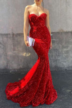 Red Sweetheart Long Mermaid Prom Dress with Sequins BM bride