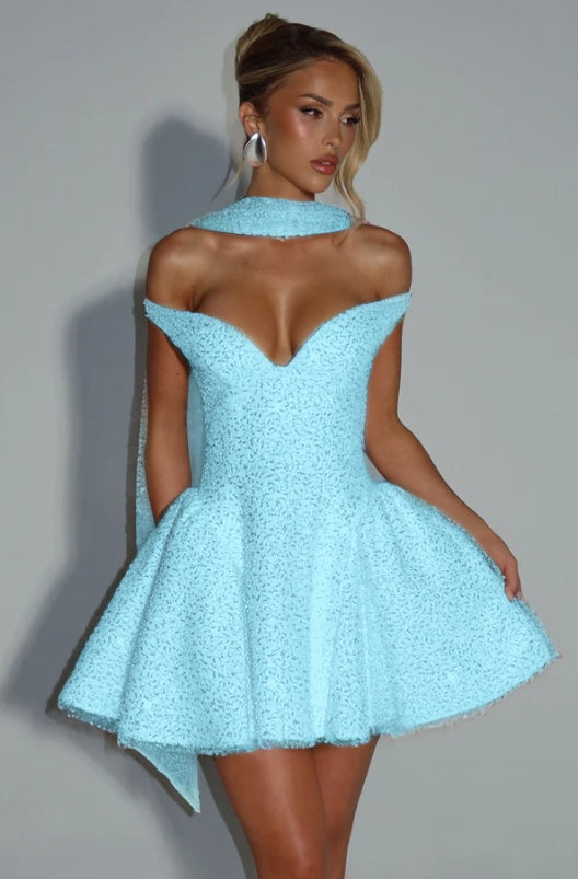 Off the Shoulder Sleeveless Short A Line Prom Dress With Sequin BMBRIDE