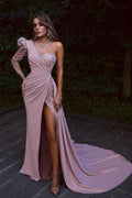Lace One Shoulder Appliques Long Prom Dress Long Sleeves With Front Split