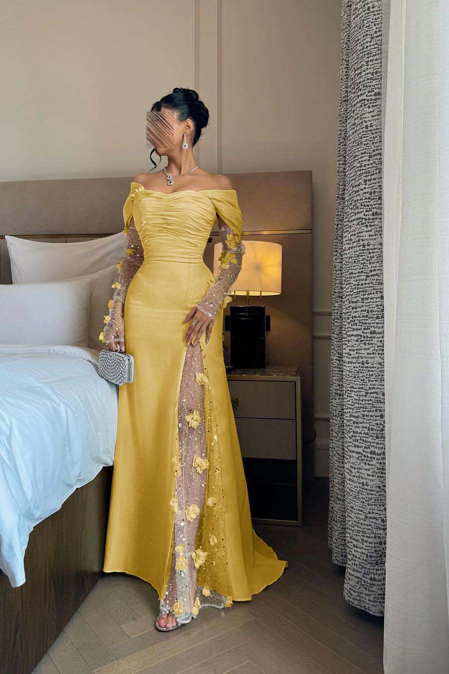 Off the Shoulder Long Sleeves Long Prom Dress With Split Appliques BMBRIDE