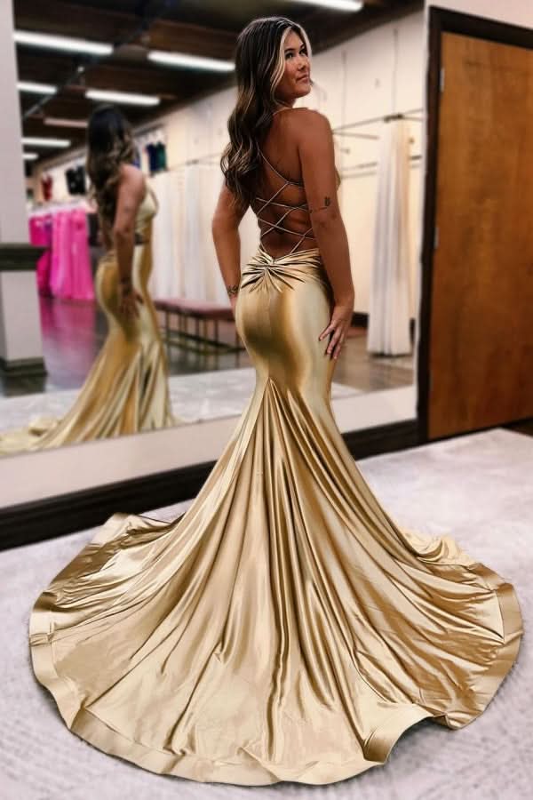 Glamorous Golden Sleeveless V-Neck Backless Mermaid Prom Dress BM bride