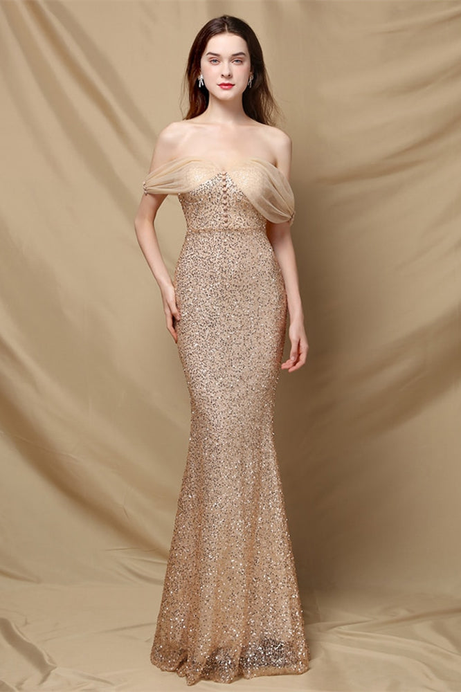 Elegant Off the Shoulder Mermaid Sequins Prom Dress With Sweetheart Buttons BMBRIDE