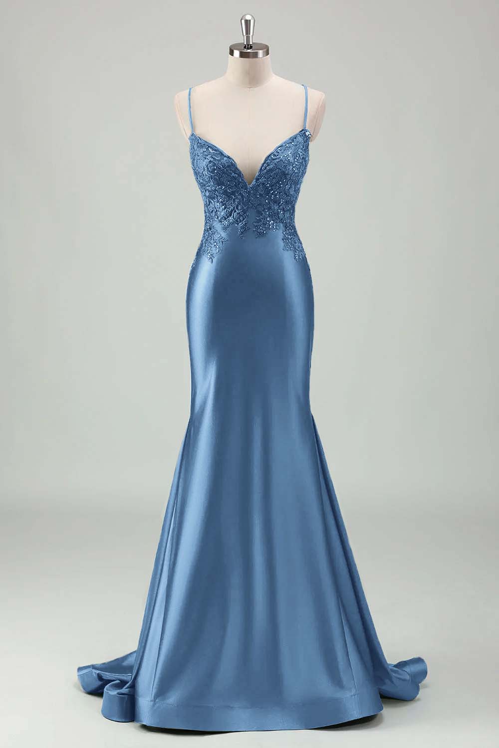 Spaghetti Strap Sleeveless Long Mermaid Prom Dress With Appliques BMBRIDE
