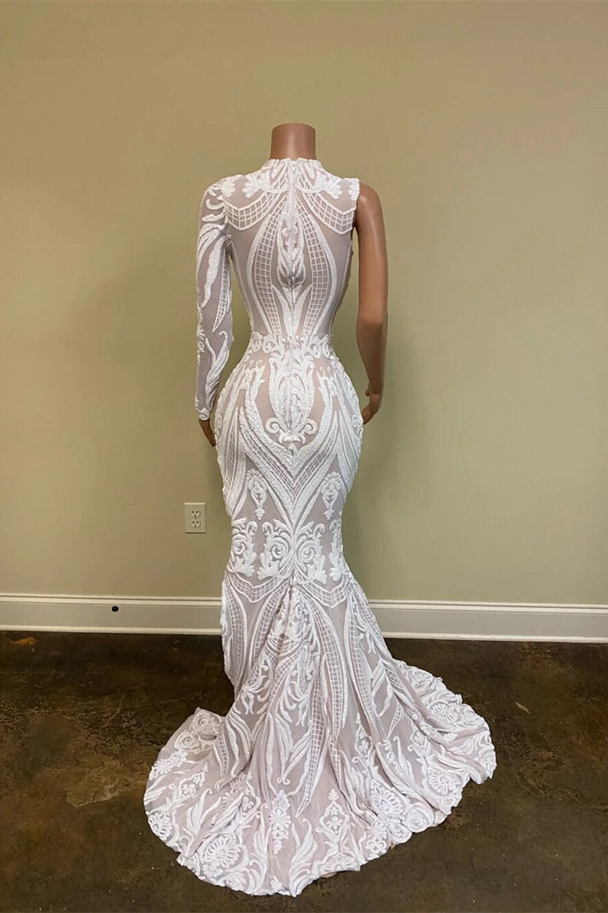 White One-Shoulder Long Sleeves Mermaid Prom Dress with Sequins Lace and Split BM bride