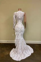 White One-Shoulder Long Sleeves Mermaid Prom Dress with Sequins Lace and Split BM bride