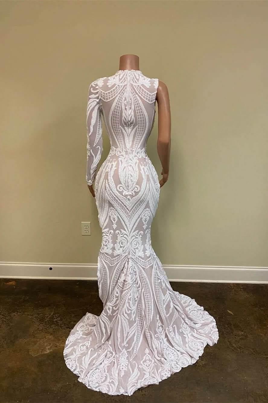 White One-Shoulder Long Sleeves Mermaid Prom Dress with Sequins Lace and Split BM bride