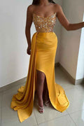 Yellow Sleeveless Long Mermaid Prom Dress Sequins With Pleated