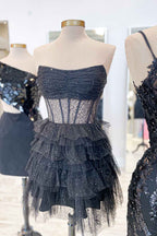 Sparkly Black Corset Tiered A-Line Tulle Short Homecoming Dress Bmbride