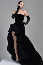 Black Samt Half Sleeves Off-the-Shoulder Evening Dress with High Slit BM bride