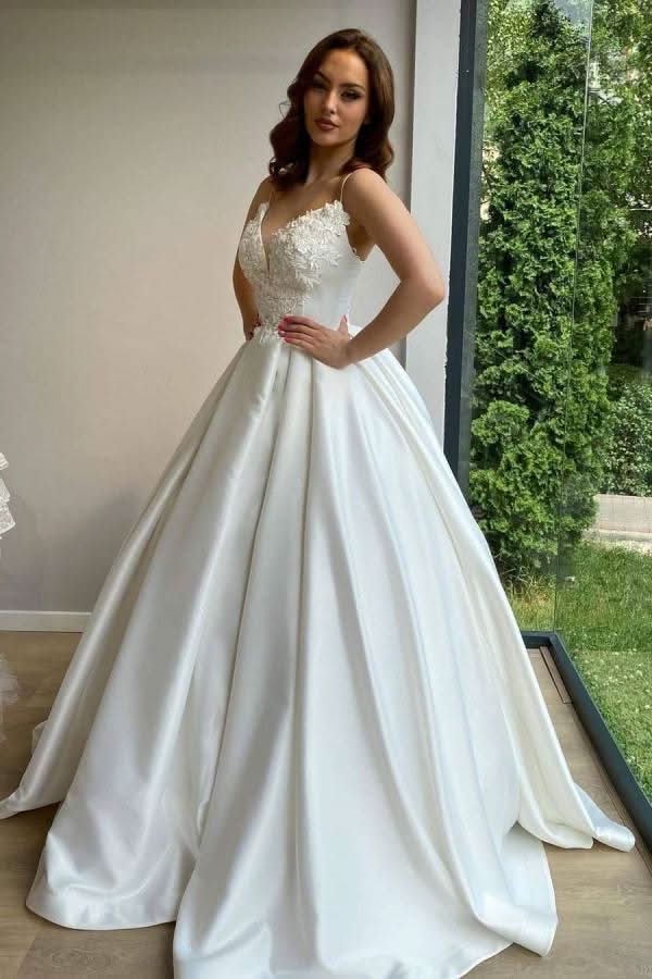 Ball Gowns Sweetheart Spaghetti Straps Long Satin Wedding Dress BM bride