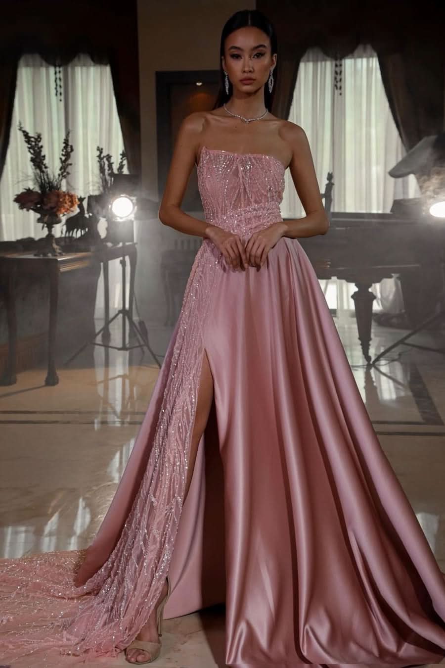 Pink Strapless Sleeveless Sequins A-Line Prom Dress with Split BM bride