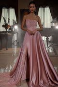 Pink Strapless A Line Sleeveless Sequins Long Prom Dress With Front Split