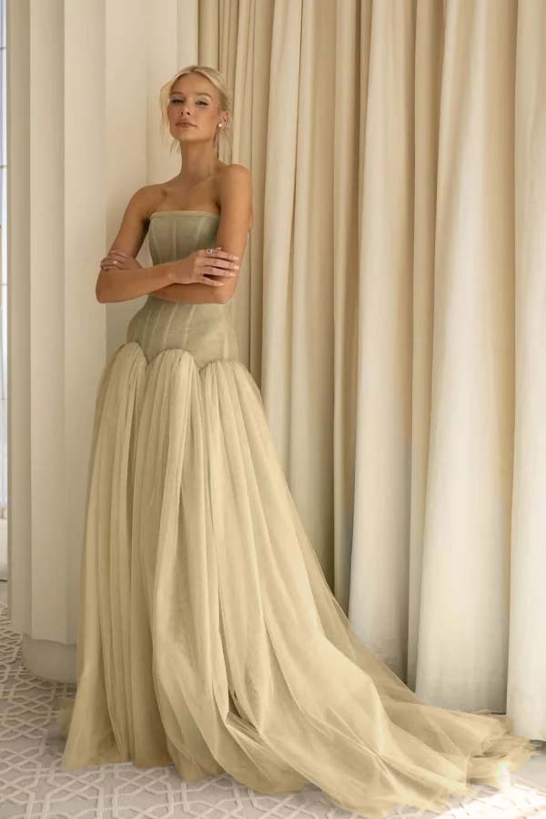 Charming Tulle Strapless Sleeveless Long Prom Dress With Pleated BMBRIDE