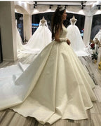 Elegant Long Sleeve Princess Sweetheart Satin Wedding Dress with Appliques BM bride
