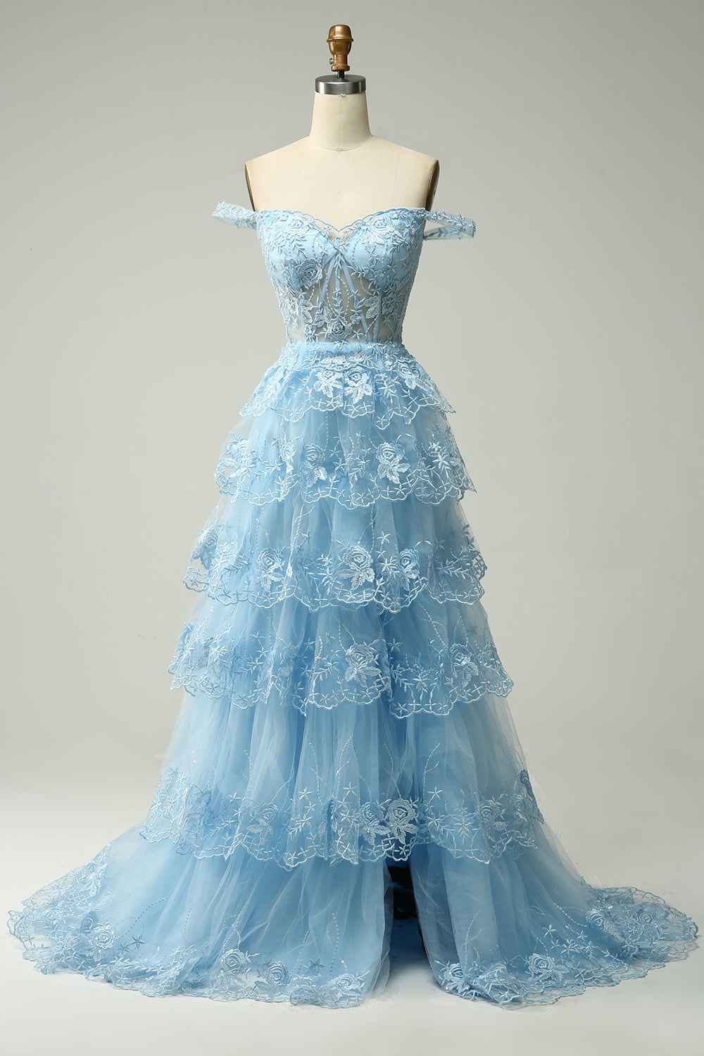 A Line Off the Shoulder Black Corset Prom Dress with Lace Ruffles