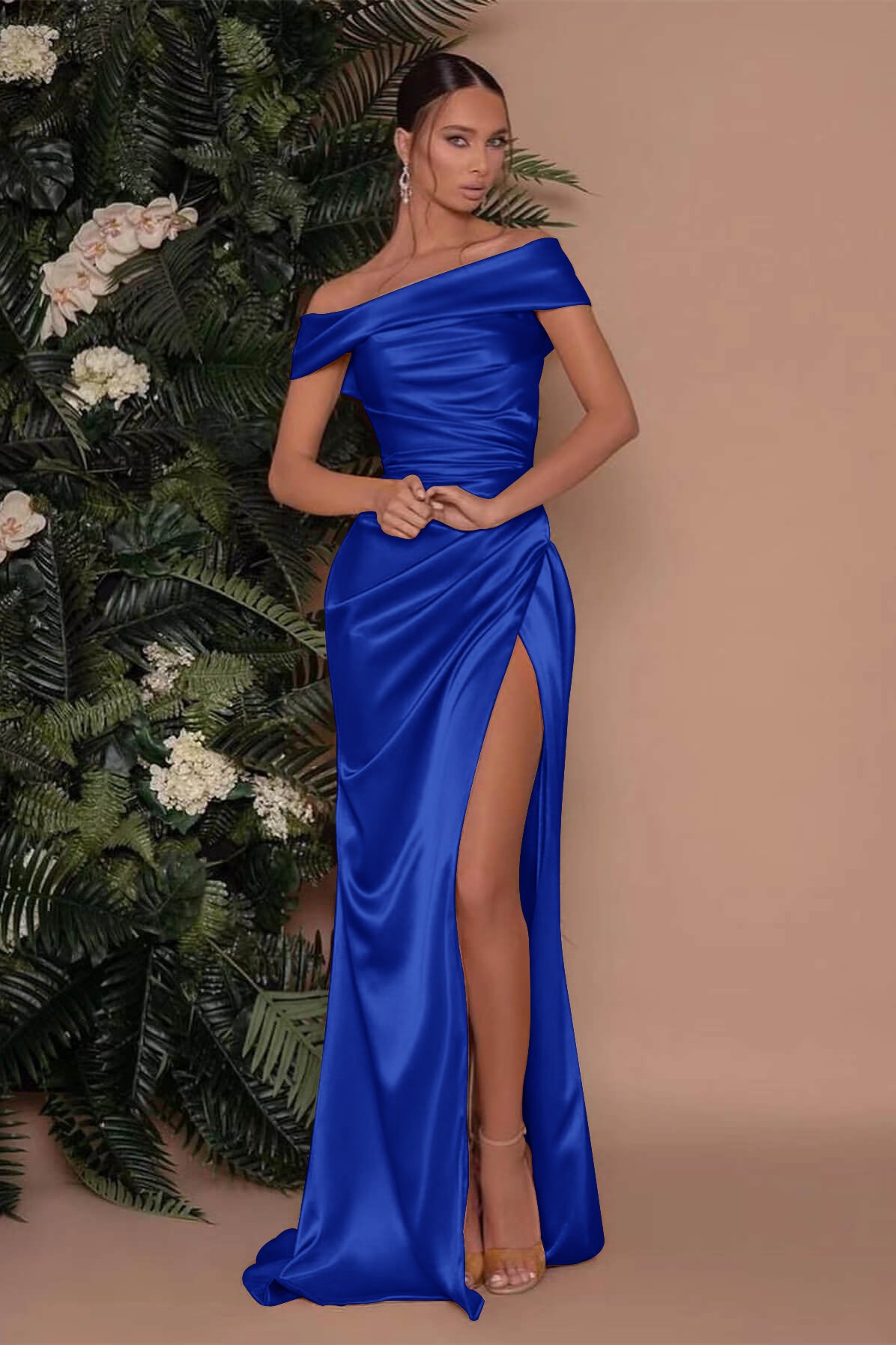 Champagne Off-The-Shoulder Charmeuse Prom Dress with Split Mermaid BM bride
