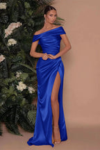 Champagne Off-The-Shoulder Charmeuse Prom Dress with Split Mermaid BM bride