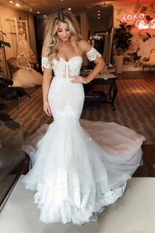 Gorgeous Sweetheart Mermaid Lace Wedding Dress with Detachable Sleeves BM bride