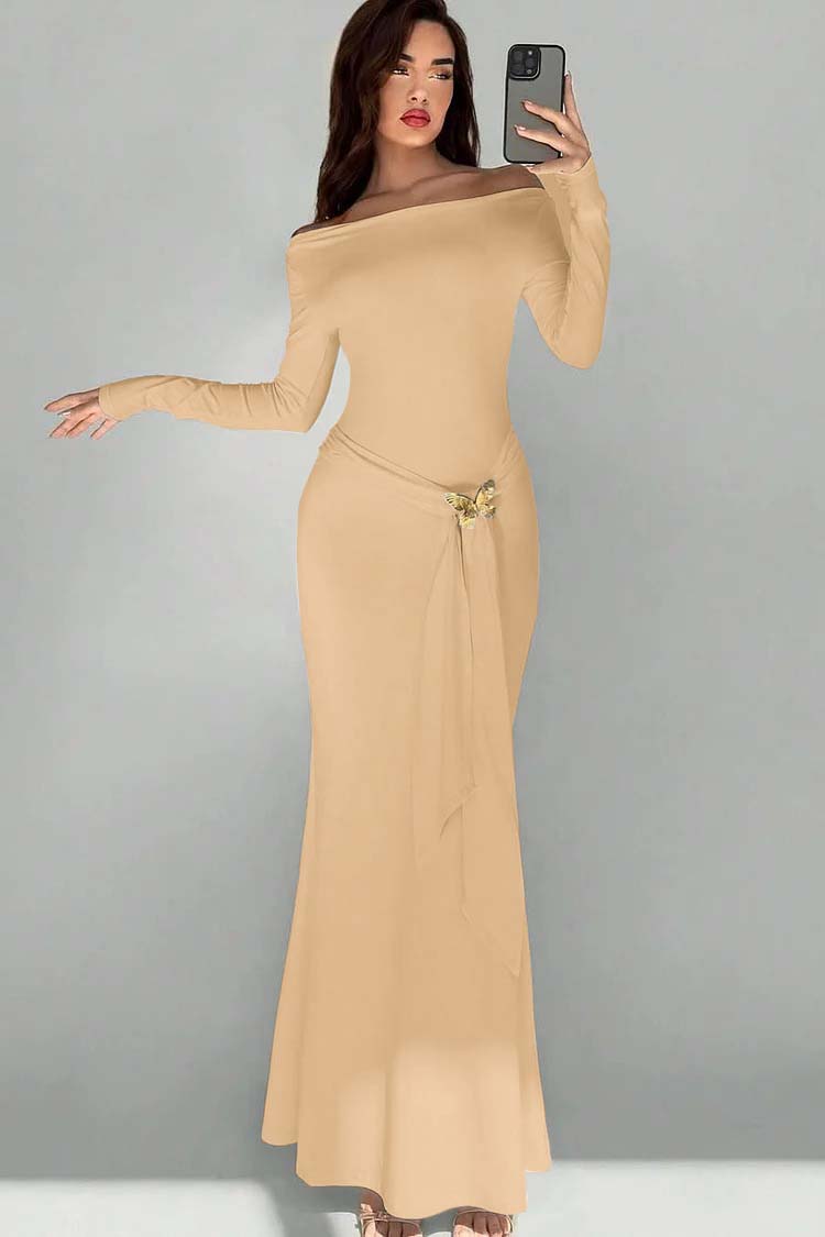 Off the Shoulder Long Sleeves Long Mermaid Prom Dress With Appliques BMBRIDE
