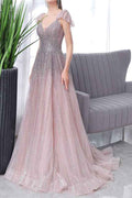Elegant Pink And Grey A Line Prom Dress With Sequins Sleeveless