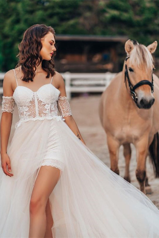 Spaghetti Strap Lace Wedding Dress with Detachable Sleeves and Split BM bride