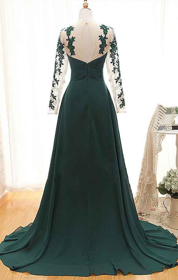 Dark Green Long Sleeves Chiffon Long Prom Dress With Appliques