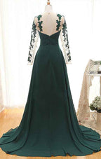 Dark Green Long Sleeves Chiffon Long Prom Dress With Appliques
