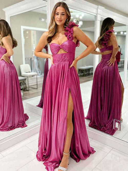 Fuchsia A-Line One Shoulder Metallic Long Prom Dress with Slit BMBRIDE