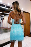 Chloe | Sheath Spaghetti Straps Sky Blue Short Homecoming Dress with Tassel BM bride