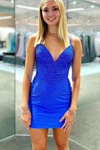 Unity |Royal Blue Sheath V neck Beaded Satin Homecoming Dress BM bride