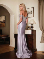 Champagne Mermaid Off the Shoulder Long Prom Dress With Beadings