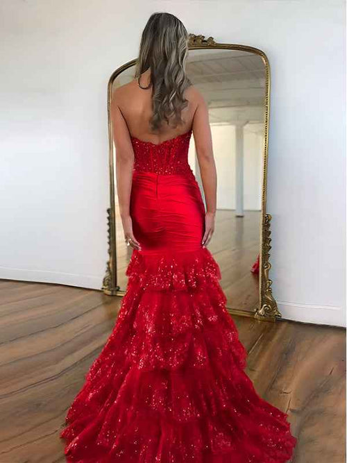 Red Mermaid Strapless Long Satin Prom Dress with Tiered Ruffle Skirt BMBRIDE