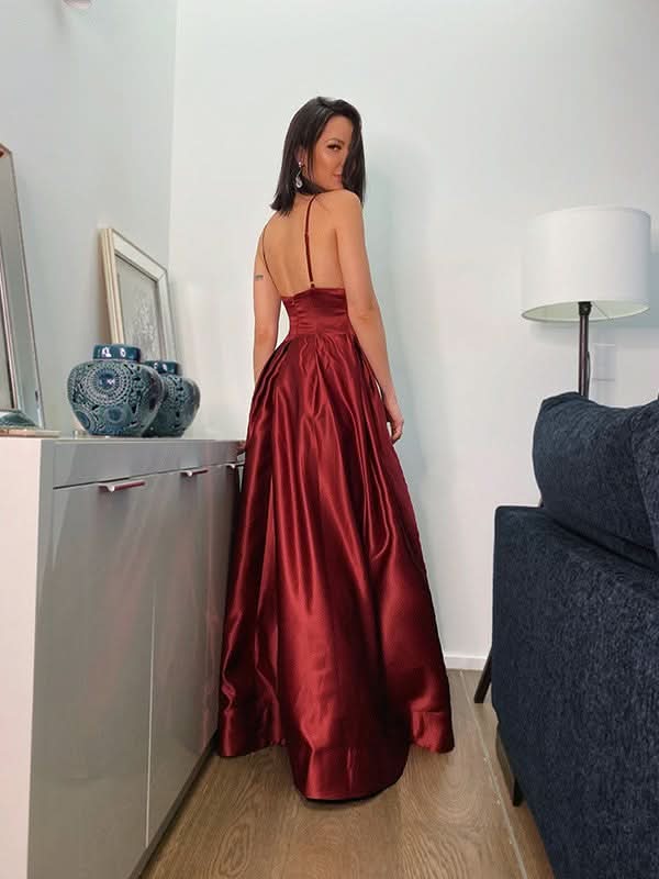 Burgundy Spaghetti-Straps Prom Dress with Slit BM bride