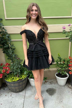 Sparkly Fuchsia Tiered A-Line Tulle Short Homecoming Dress with Lace Bmbride