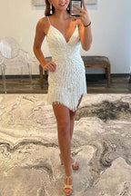 White Tight Spaghetti Straps Sequins Short Homecoming Dress with Tassel