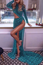 Chic Pool High Neck Long Sleeves Sequins Mermaid Prom Dress With High Split