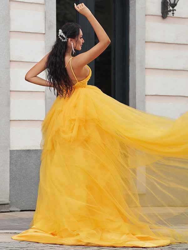 Chic Spaghetti Strap V Neck Sleeveless Tulle Long Prom Dress With Beadings