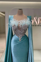 Sky Blue Evening Dress Feather Long Sleeves with Beadings Mermaid Appliques BM bride