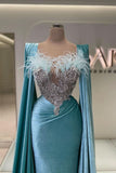 Sky Blue Evening Dress Feather Long Sleeves with Beadings Mermaid Appliques BM bride