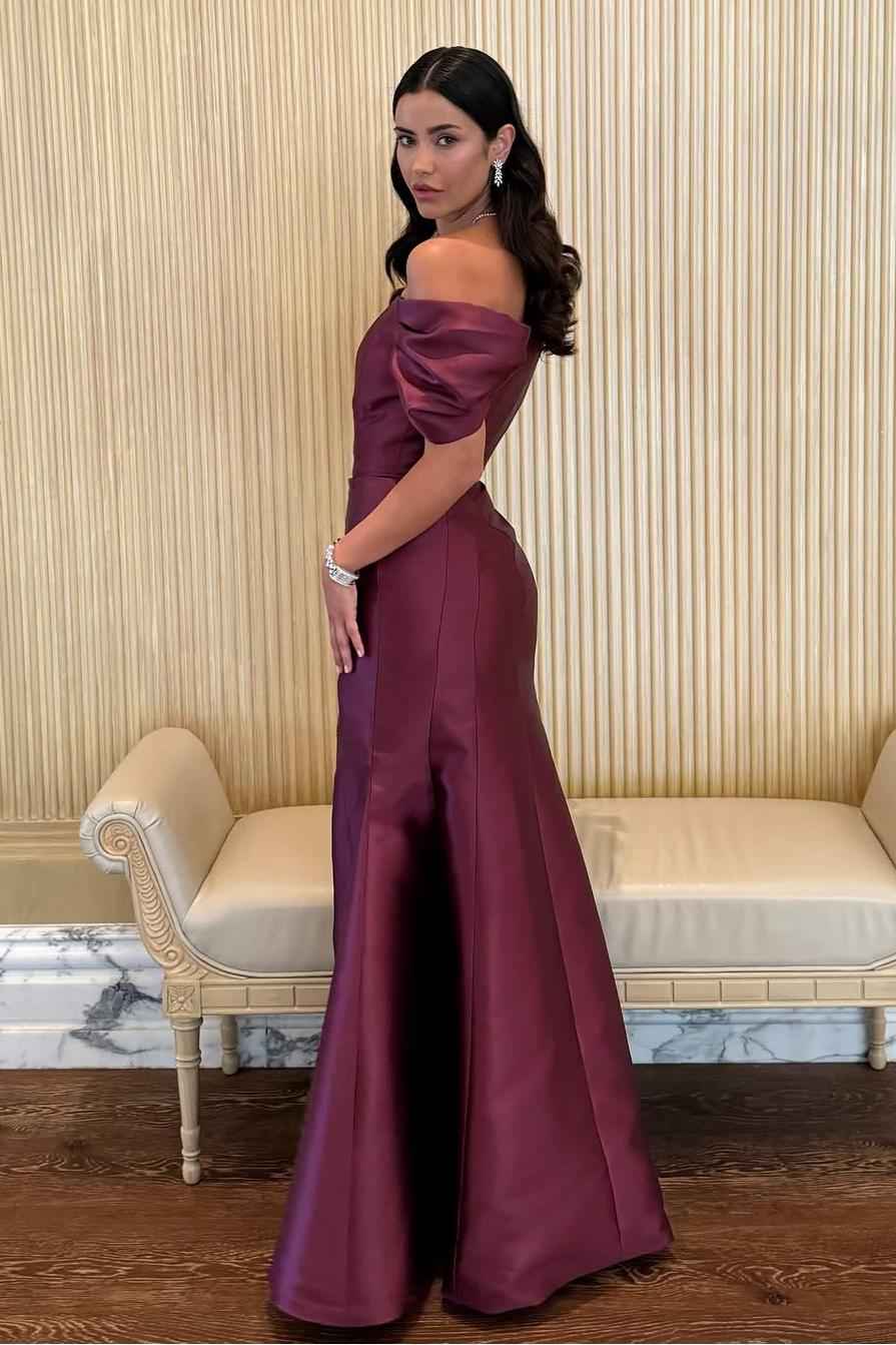 Off the Shoulder Bubble Sleeves Long Mermaid Prom Dress With Pleated