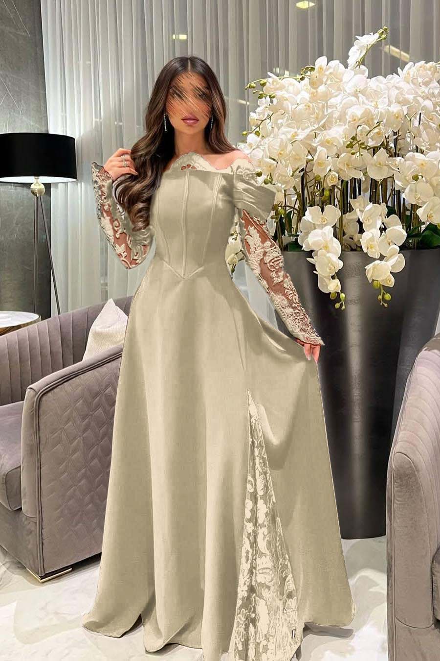 White Off the Shoulder Long Sleeves Long Prom Dress With Appliques BMBRIDE